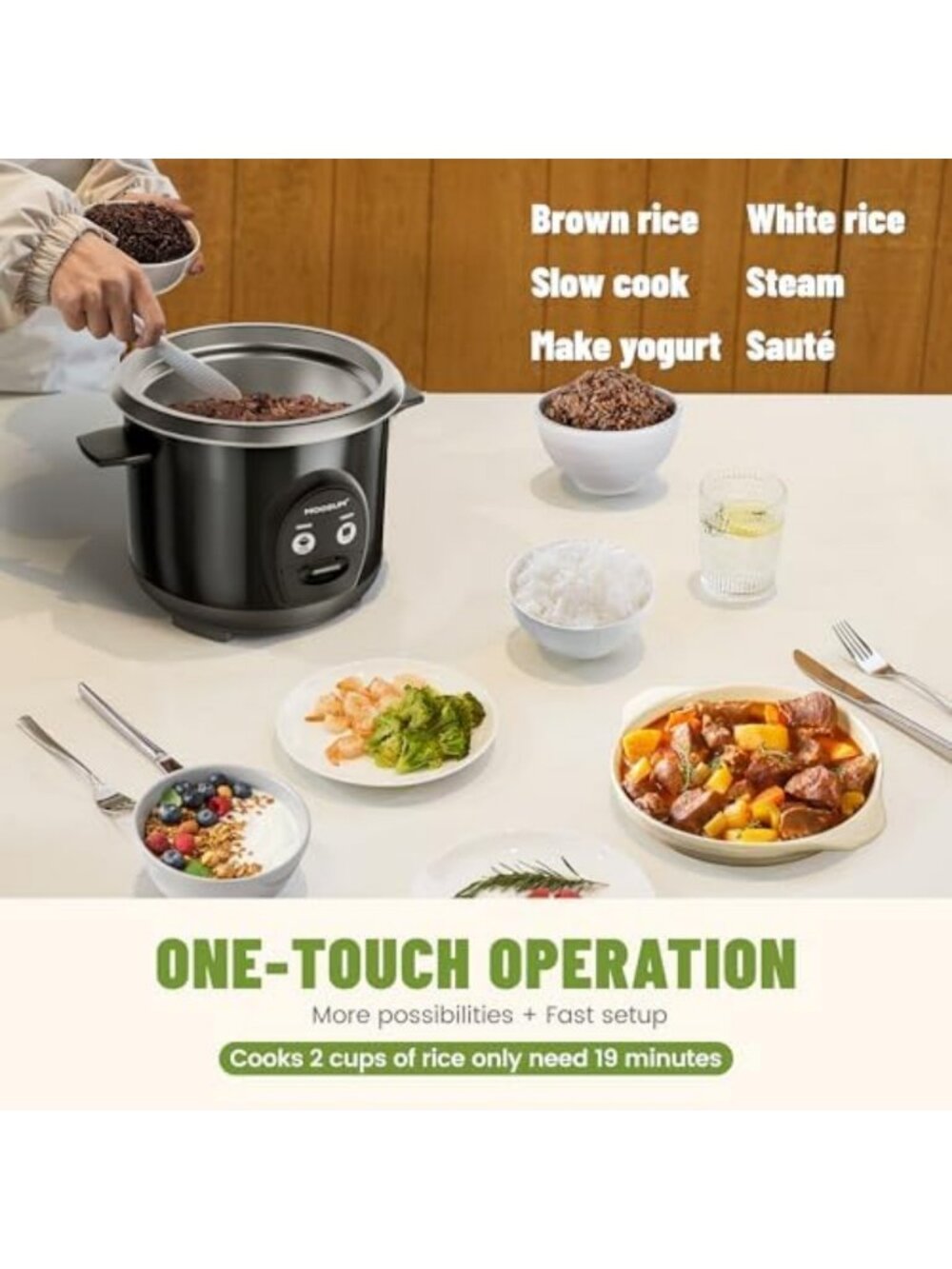 Compact 3-Cup Rice Cooker with Stainless Steel Pot, One-Touch Multifunction - Picture 2 of 6